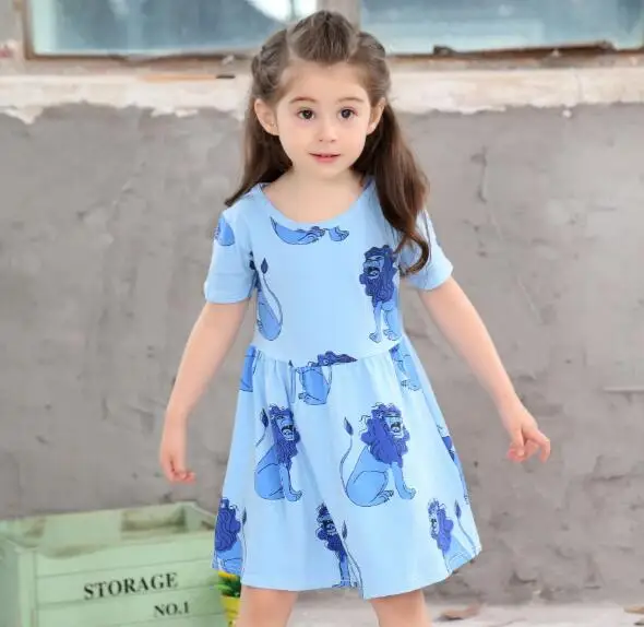 Children kids Summer Dress Baby Girls Cartoon Lion Print Short Sleeve Princess Blue | Детская одежда и обувь