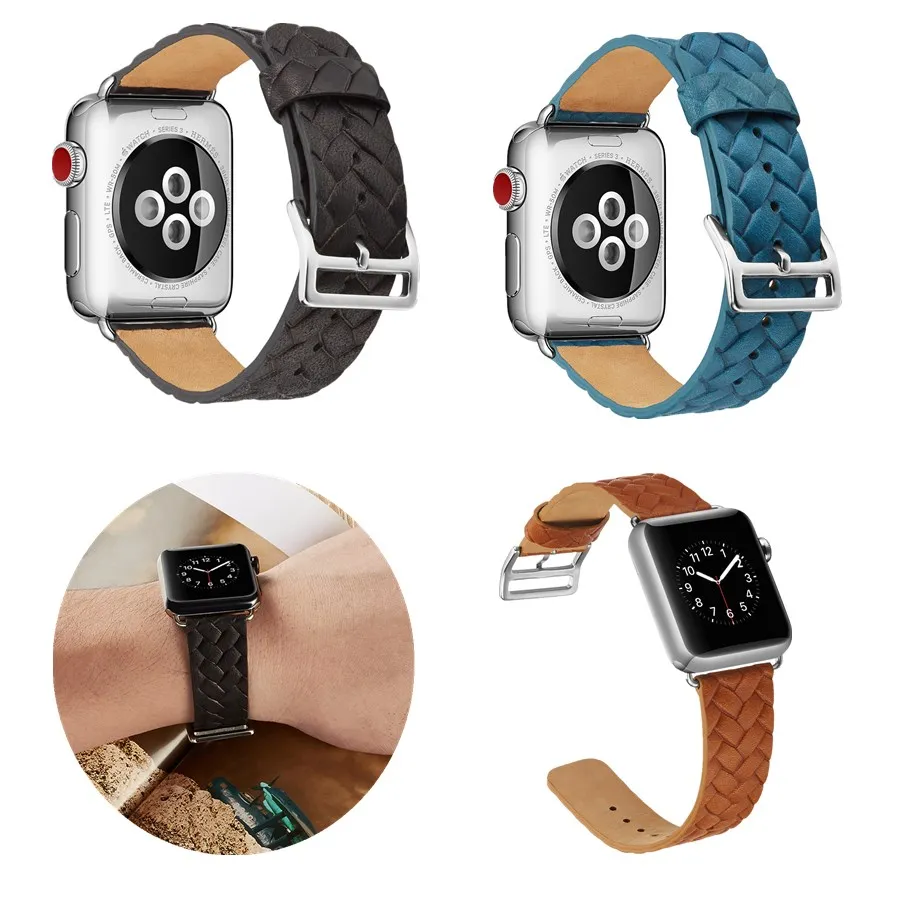 Кожаные Ремешки для наручных часов Apple Watch Series 5 4 3 2 1 вязанные линии ремешок с