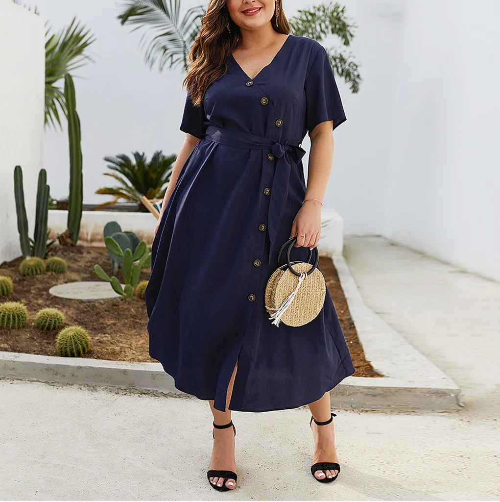 Женское платье MUQGEW однотонное на пуговицах с v образным вырезом летнее