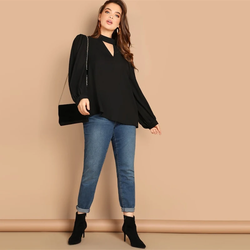 SHEIN Размера Плюс Блуза Со Стоячим Воротником И Оригинальным Рукавом Весенняя Женская Блузка