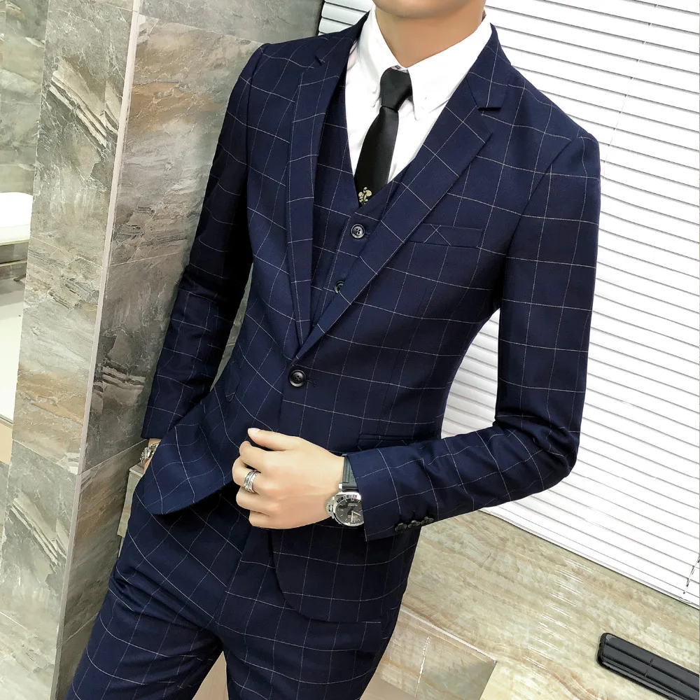 2019 Classic Navy Blue Men Blazer Fashion Winter Slim Fit Plaid Dress Blazer Men Jacket One Button Host Gentlemen Suit Coat Men