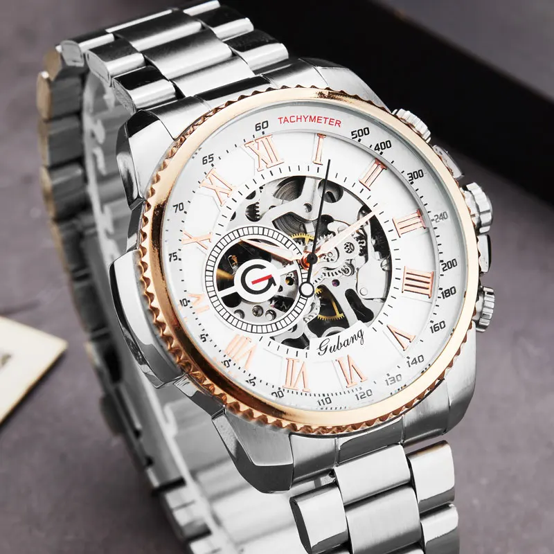 Серебристые спортивные механические часы Moonphase Skeleton, мужские часы из нержавеющей стали с прозрачным сетчатым браслетом, мужские роскошные часы от ведущего бренда