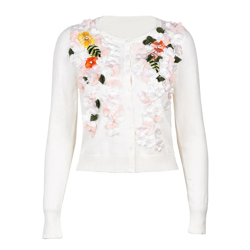 Сладкий цветочный Аппликации Белый розовый свитер кардиганы для женщин Подиум