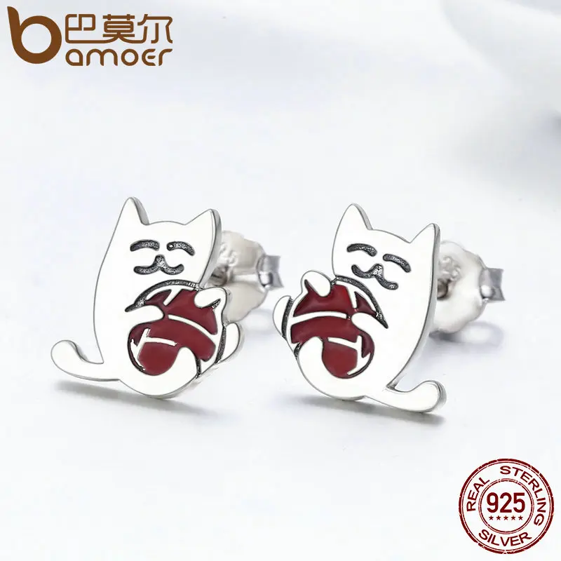 BAMOER,, 925 пробы, серебро, изысканный шарик из пряжи, кот, серьги-гвоздики для женщин, модные ювелирные изделия из стерлингового серебра SCE224