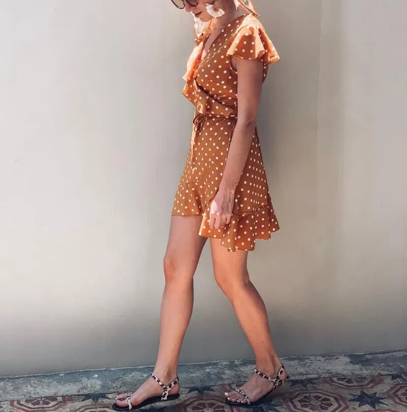 2019 Summer Polka Dot Wrapped Dress V Neck Ruffles Sexy Mini Slim Bodycon Vacation Beach | Женская одежда