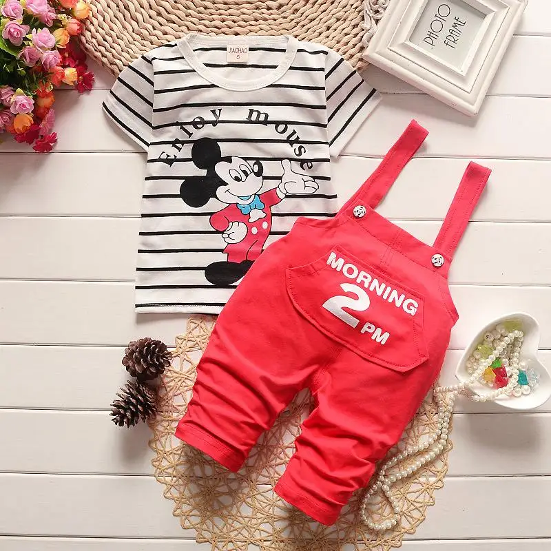 Одежда для маленьких мальчиков clothes2019spring Микки Мышь клетчатая футболка с длинными рукавами+ пояс, Штаны комплект из 2 предметов Beibei спортивный костюм костюмы с футболкой для младенцев Костюмы