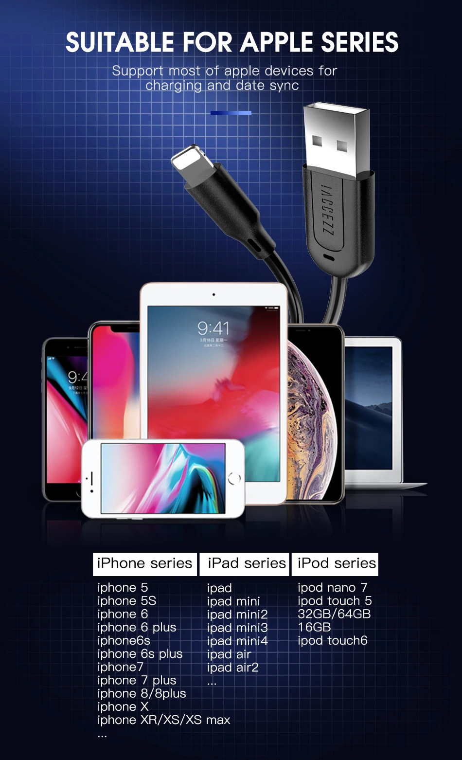 ACCEZZ TPE usb зарядный кабель для Apple iPhone X XS MAX XR 8 7 6 6S Plus освещение зарядный кабель для передачи данных для ipad зарядное устройство Шнур