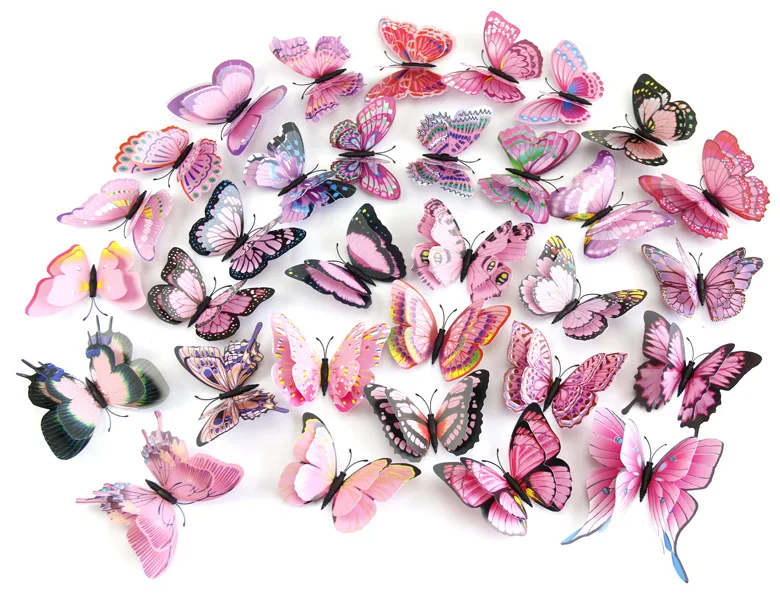 

12pcs DIY Colorful Decal 3D double Butterfly Wall Sticker Bat Art PVC Paper Decor for Kids Living Room Decoration free shipping