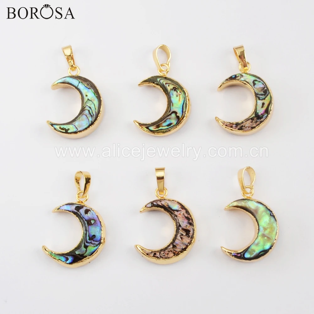 

BOROSA 10PCS Gold Color Crescent Natural Abalone Shell Pendant Moon Shape Connector Double Charms Jewelry G1767 G1768 G1769