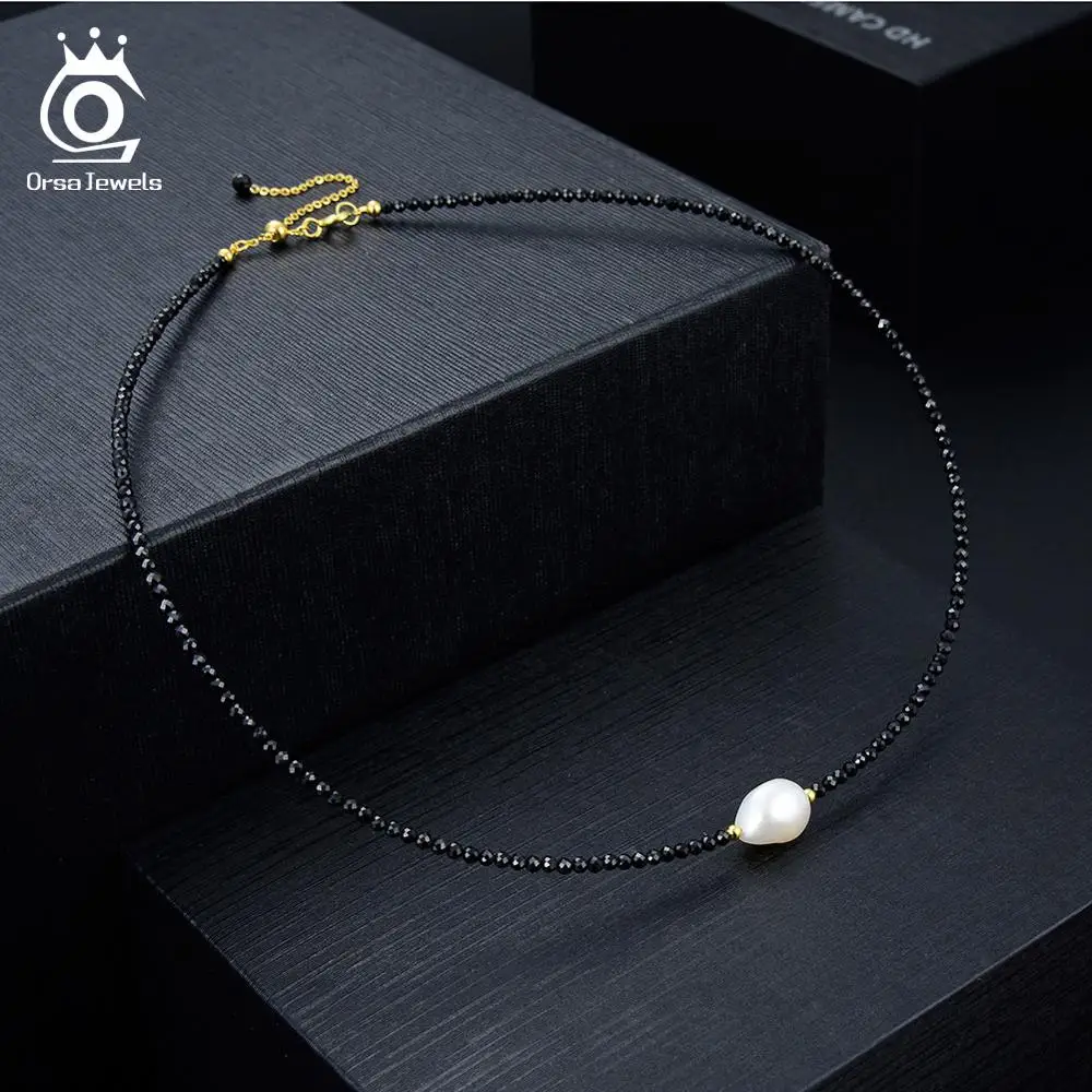 ORSA JEWELS Винтажное колье чокер из натурального камня Черный шпинель Пресноводный