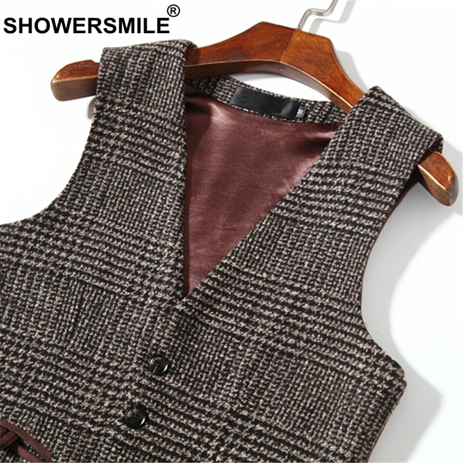 SHOWERSMILE мужской коричневый замшевый жилет с узором «гусиная лапка», мужской Британский клетчатый твидовый жилет, осенняя куртка без рукавов, Винтажный Мужской жилет