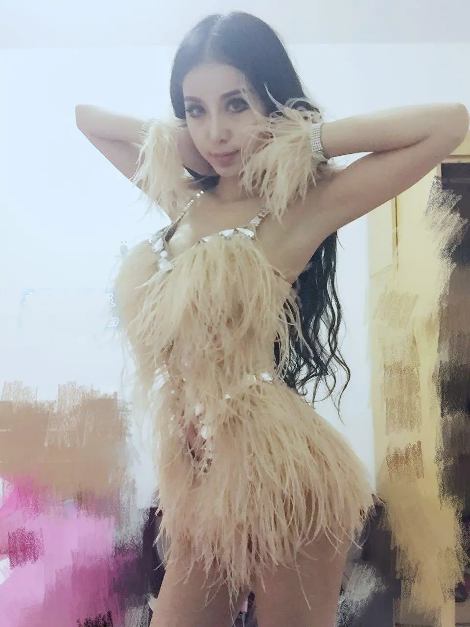 new Singer Dj Costumes Long Ostrich Feather Bright Drill Conjoined Costume | Тематическая одежда и униформа