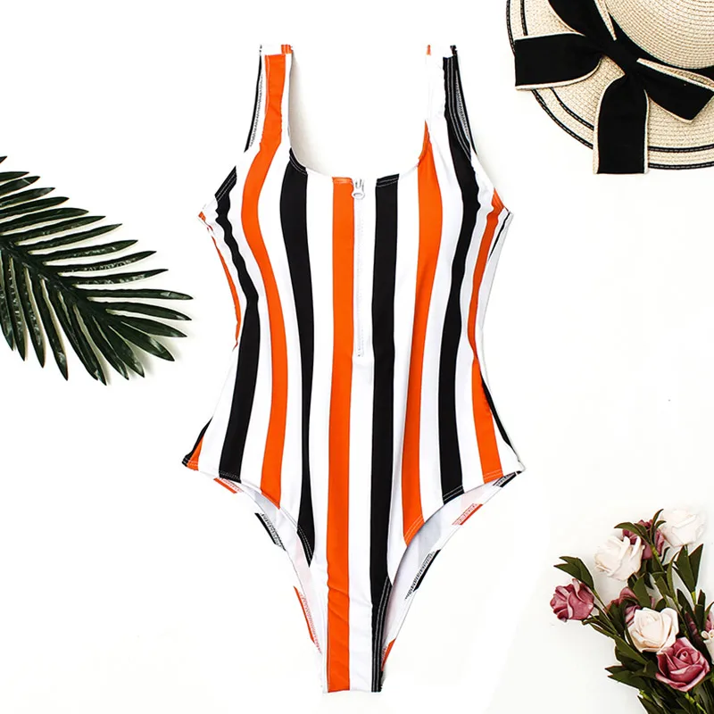 Orange striped HELLO, пляжный Цельный купальник на молнии, арбузный женский купальник с принтом,, женский купальник в полоску, купальный костюм, монокини с подкладкой - Цвет: Orange striped