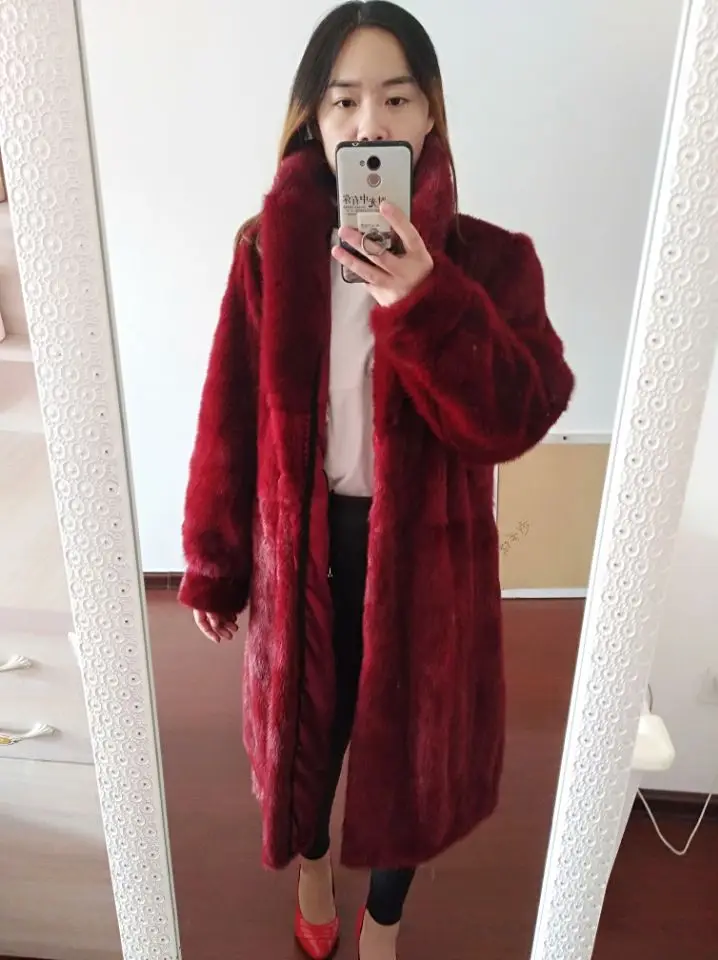 Цельное Норковое Пальто с натуральным мехом, Женское пальто с отложным воротником, зимняя Длинная тонкая теплая норковая Меховая куртка - Цвет: wine red