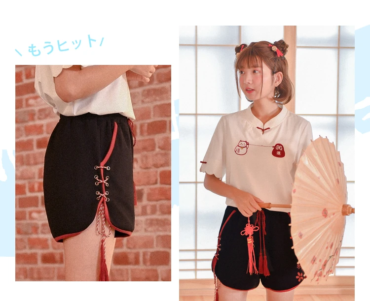 Для женщин Harajuku Сакура вышивка со шнуровкой сбоку кисточкой шнурок упругие талии шорты японский Стиль Повседневное короткие штаны