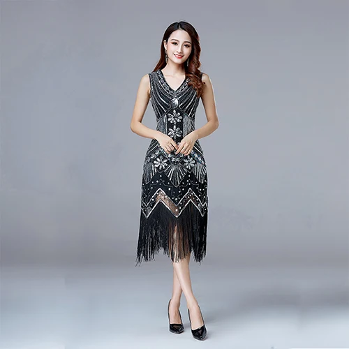 Black and silver 1920s Винтаж Хлопушки Великий Гэтсби вечерние платье с v-образной горловиной, без рукавов, с блестками и бисером Стиль кисточка заслонки Vestidos Feminina 1920 - Цвет: Black and silver