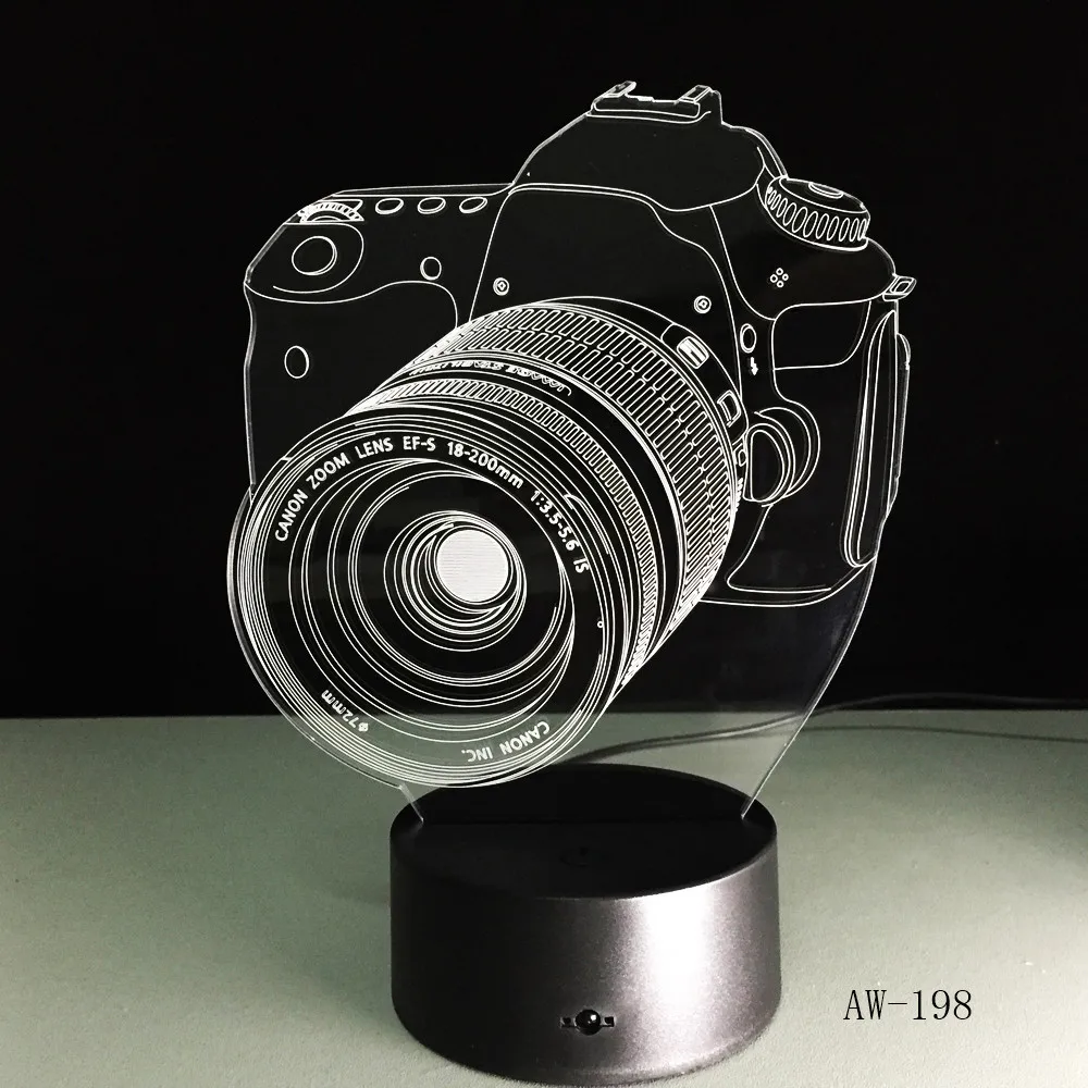 Новинка, 3D лампа для камеры Canon, светодиодный светильник с питанием от аккумулятора, сенсорный, 7 цветов, меняющий USB настольный ночник, прикроватный светильник, украшение AW-198