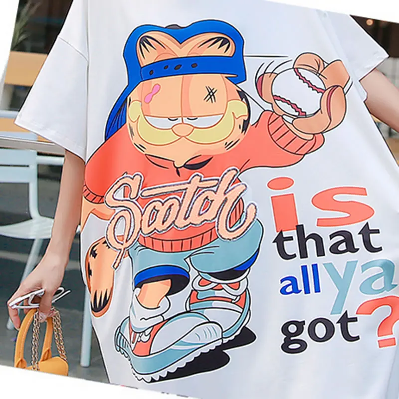 [HG] 2019 New Europe Casual Loose Cartoon Half Sleeve O-neck Fashion Women Pullover Dress Summer Above Knee ZQ1567 | Женская одежда