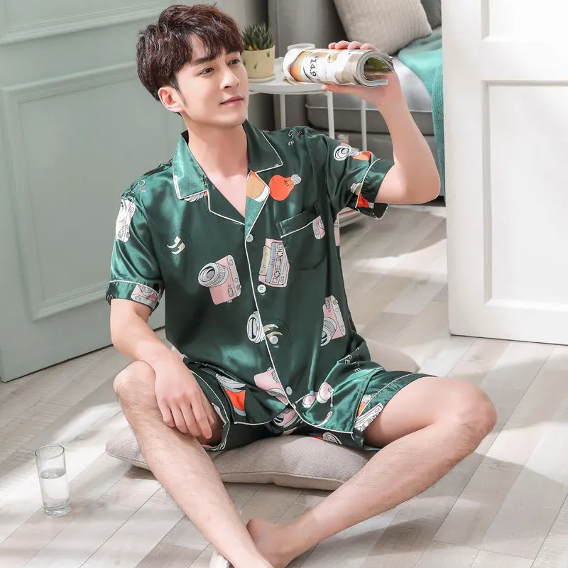 BZEL/пара пижамных комплектов с мультяшным принтом удобная домашняя одежда, костюм пижамы с короткими рукавами с отложным воротником, атласная одежда для сна, большие размеры - Цвет: men green