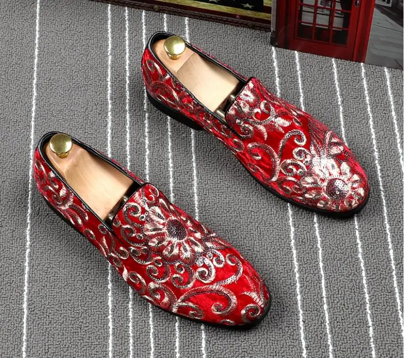 Gold RED Embroidered Luxury Loafers Shoes Men Round Toe Sewing Dress Wedding Shoes Male Slip On Rihanna Creepers Casual Flats