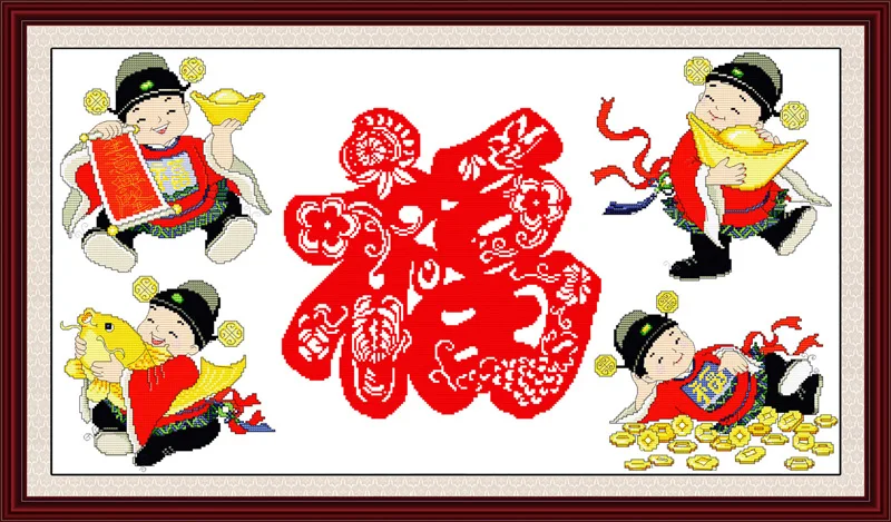 

Four little god of wealth (3)-blessing cross stitch kit 14ct 11ct print canvas stitching embroidery DIY handmade needlework