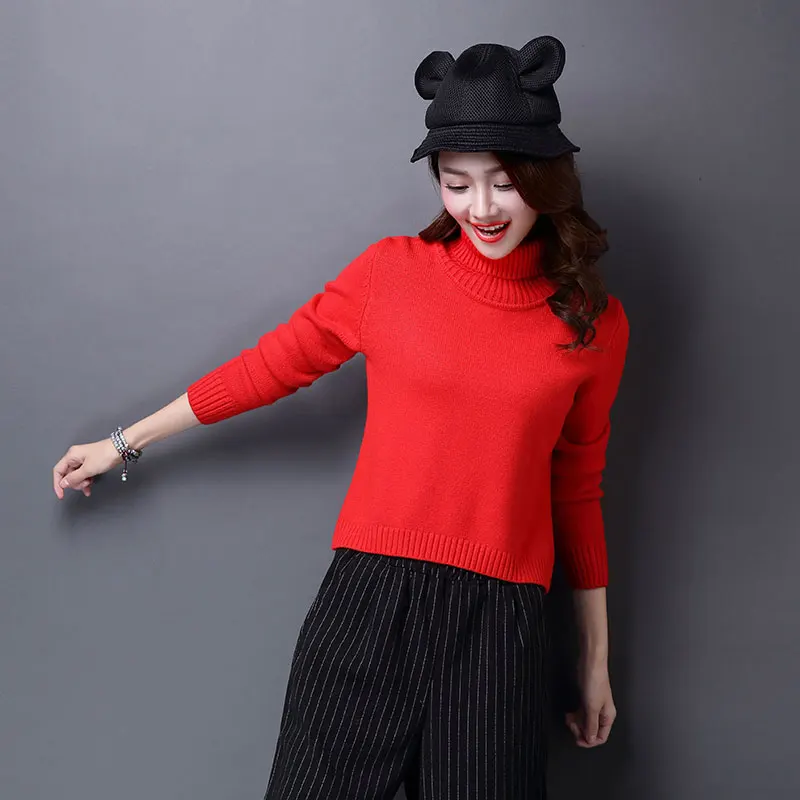 

Women Solid Color Autumn & Winter Warm Knitted Sweater Higt Collar Slim Knit Sweater Elegant Lady Sweater