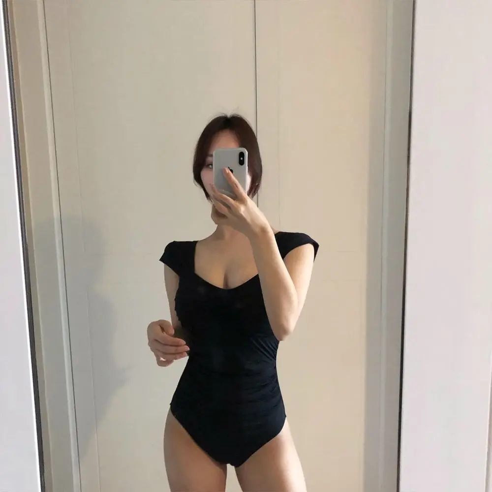 Korea Vintage Baby Pink Shirred Ruched One Piece Swimsuit Sexy Tummy Control Push Up Swimwear Women Monokini Bathing Suits