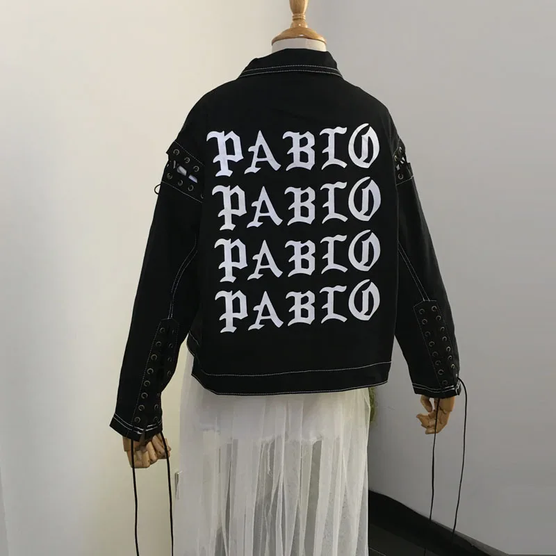 2018 Весна Harajuku принт PABLO Женская одежда Джинсовые куртки Красный tieback с длинным