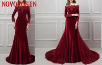 2019 off shoulder lace appliqued evening dresses with detachable train boat neck long sleeve velvet prom dress party gown