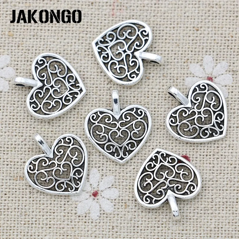 

JAKONGO 20pcs Antique Silver Plated Heart Charms Hollow Pendants for Jewelry Making DIY Handmade 17x15mm