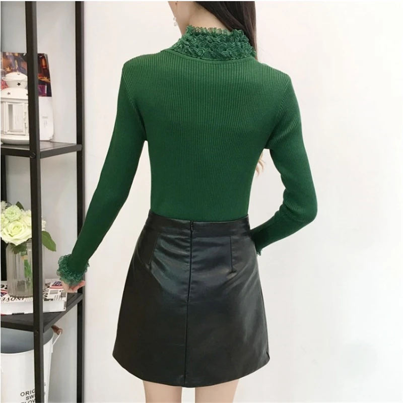 Autumn Women knit Sweater Pullover 2020 New Lace Bottom Shirt Long Sleeve Ruffle Slim Pull Knit Half Turtleneck ladies sweater | Женская