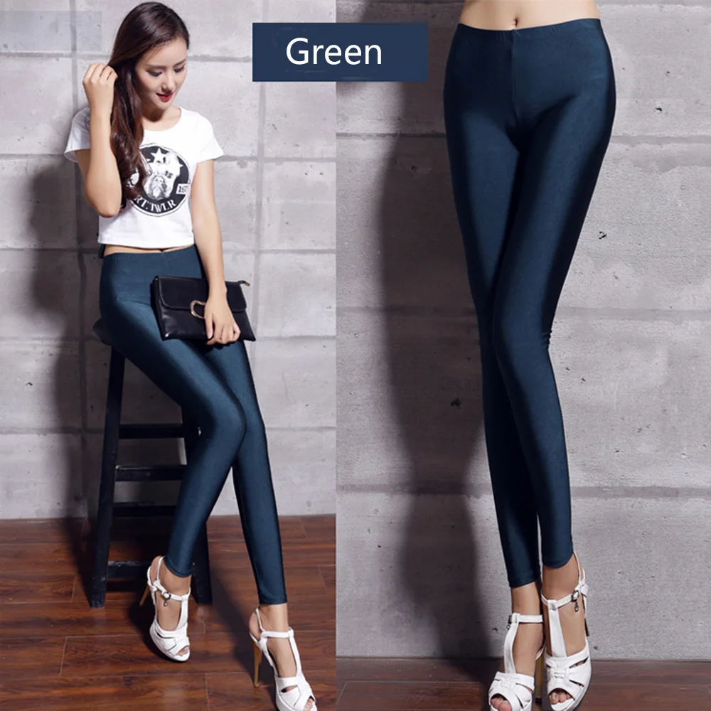 Daddy Chen Shiny Glossy Elastic Waist Leggings High Skinny Pants Women Fluorescent Color Ice Silk Ankle-Length Candy | Женская одежда