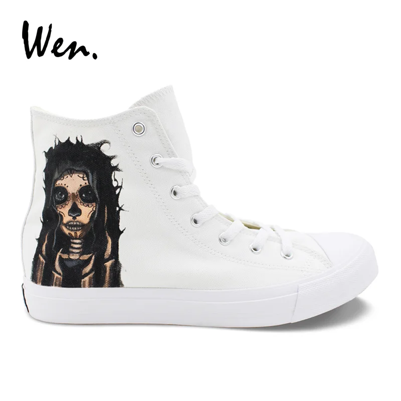 

Wen Canvas White Shoes Custom Design Candy Skull Girl Hand Painted Shoes High Top Laced Men Women's Sneakers Skateboard Shoes