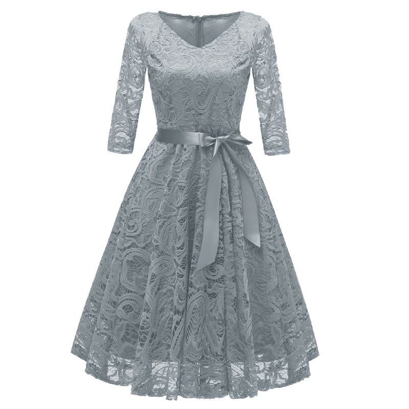 Винтажное женское кружевное плиссированное платье 1950 s, одноцветное, v-образный вырез, рукав 3/4, пояс, элегантное ТРАПЕЦИЕВИДНОЕ ПЛАТЬЕ для вечеринок
