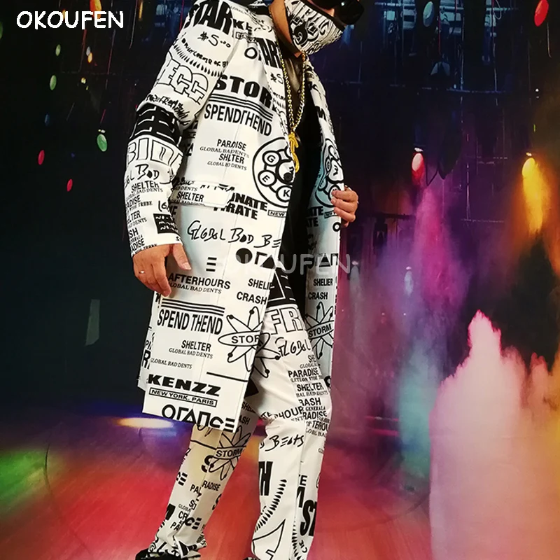 Мужской костюм средней длины Модный повседневный с граффити черно белый
