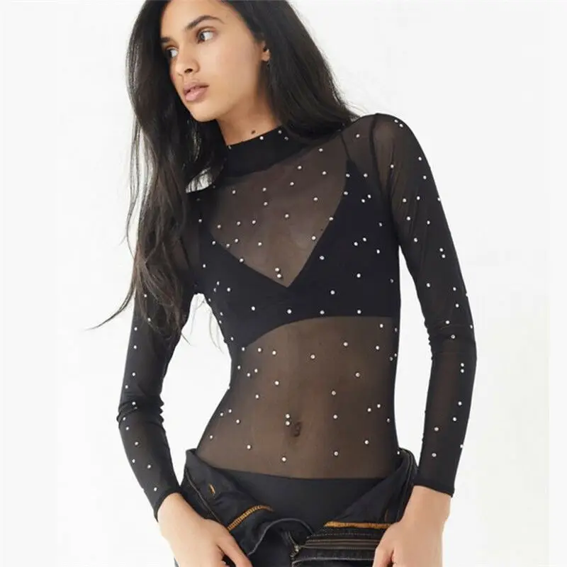 Фото Женская сексуальная прозрачная сетчатая блузка с высокой горловиной топы