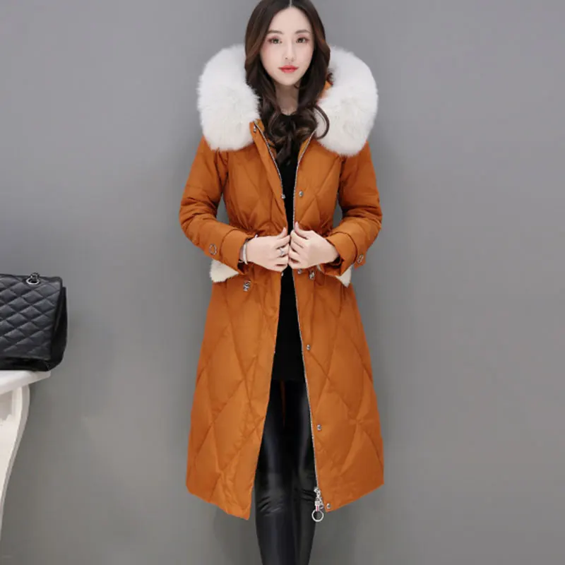 Caramel colour Элегантная Зимняя парка на утином пуху, женские длинные пуховые пальто, куртки для женщин, верхняя одежда, длинное теплое зимнее пальто с капюшоном, пуховые парки L657 - Цвет: Caramel colour