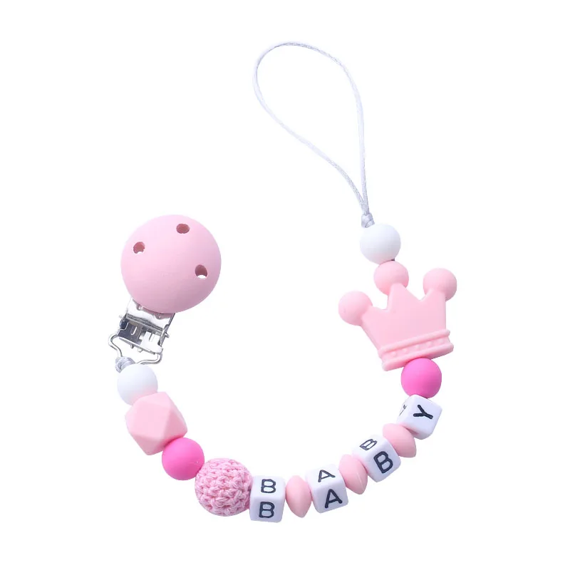 Розовый 1pcs Pink Silicone Personalised Name Baby Pacifier Clips Crochet Beads Silicone Crown Pacifier Chain Holder Baby Shower Gift - Цвет: Розовый