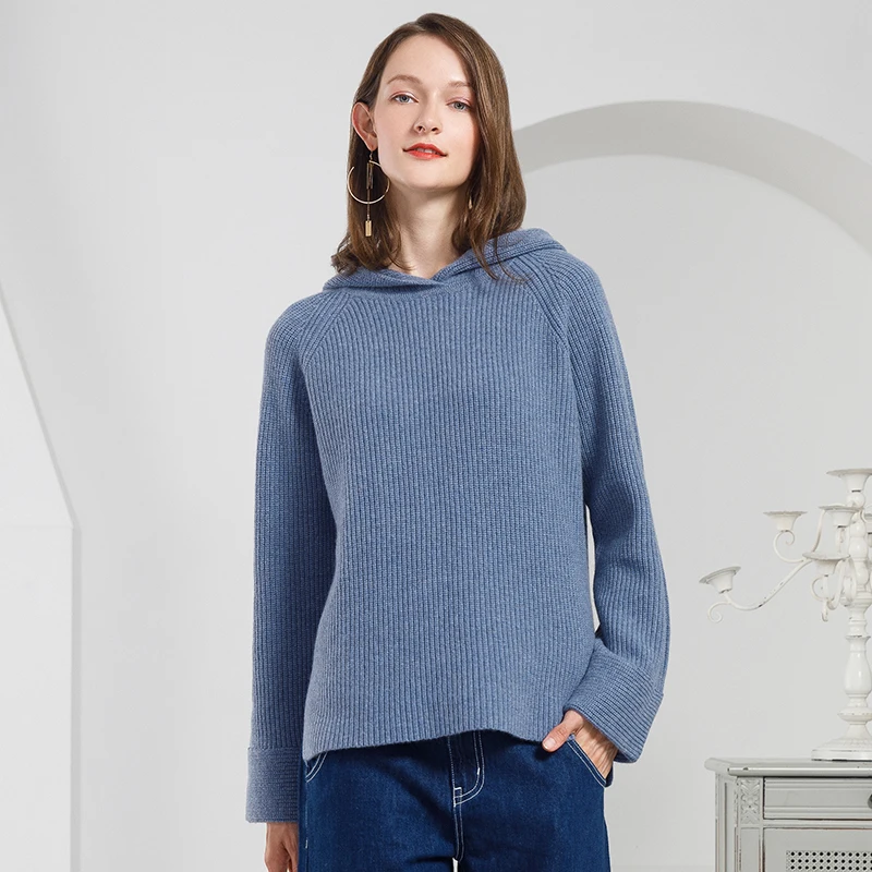 Женский свободный трикотажный джемпер из 100% кашемира с капюшоном и длинными