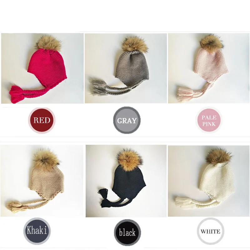 От 2 до 7 лет детская зимняя вязаная шапка с помпонами из натурального меха теплая