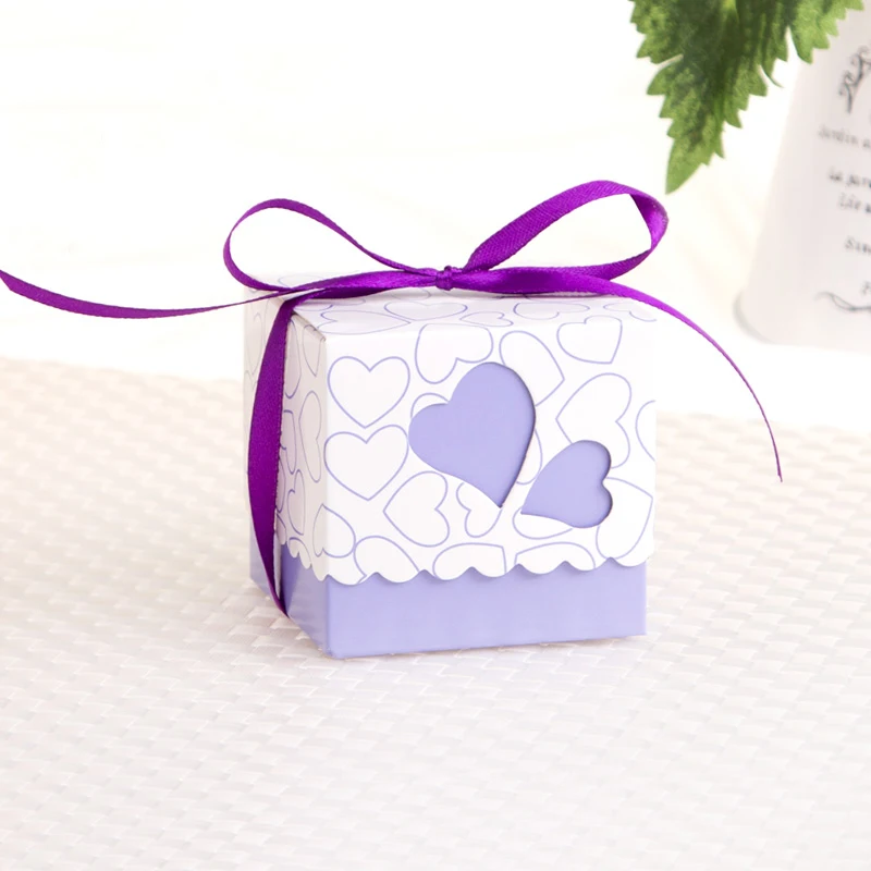 

50pcs/lot Purple Color DIY Beautiful Candy Box Wedding Favor Gift Boxes Sweet Hearts Cute Box Happy Event Supplies Ribbon Free