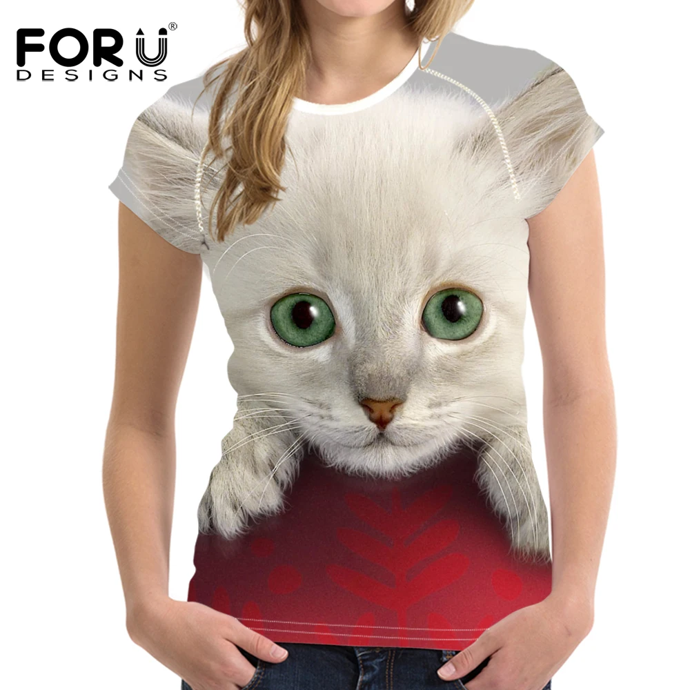 FORUDESIGNS/модные брендовые футболки с принтом кошек женские круглым вырезом и