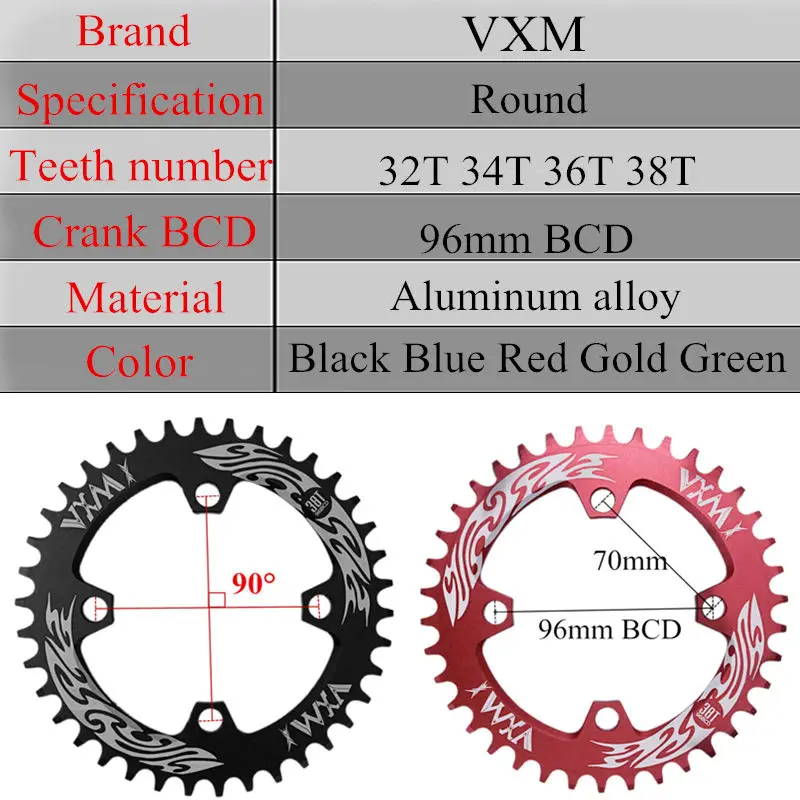 VXM Bicycle Crank&Chainwheel 96BCD 32T/34T/36T/38T Round Narrow Wide Chain ring MTB Road Bike Crankset Chainwheel Bicycle Parts