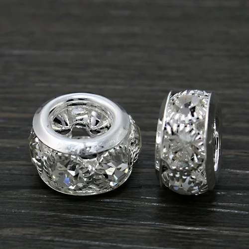 

50pcs/lot 8x15mm Round Shape Silver Plated with Crystal Rhinestone Spacer Beads Fit European Bracelet