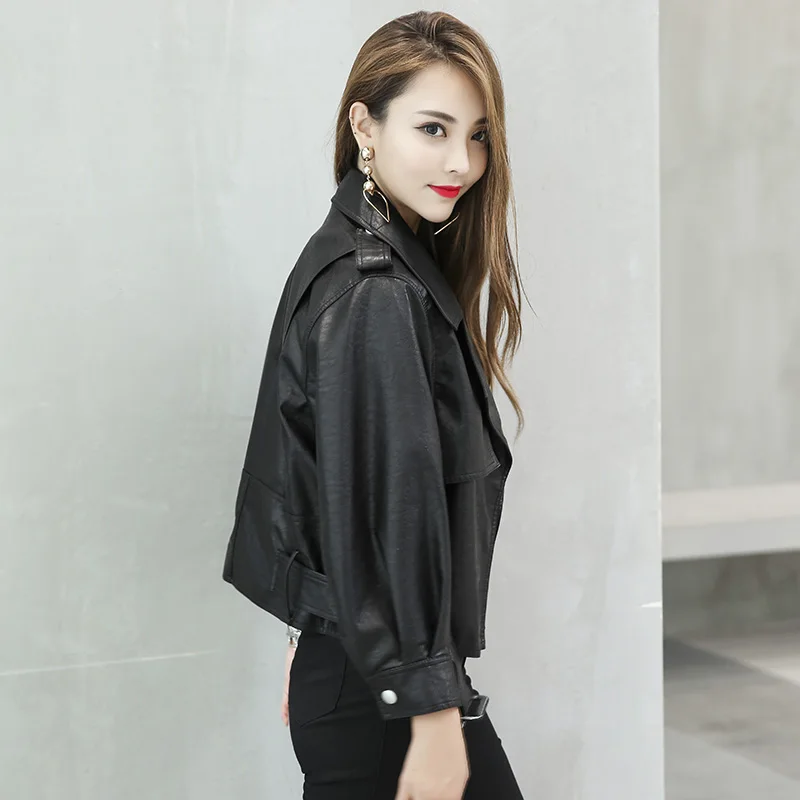 Женская короткая мотоциклетная куртка из искусственной кожи с поясом | одежда