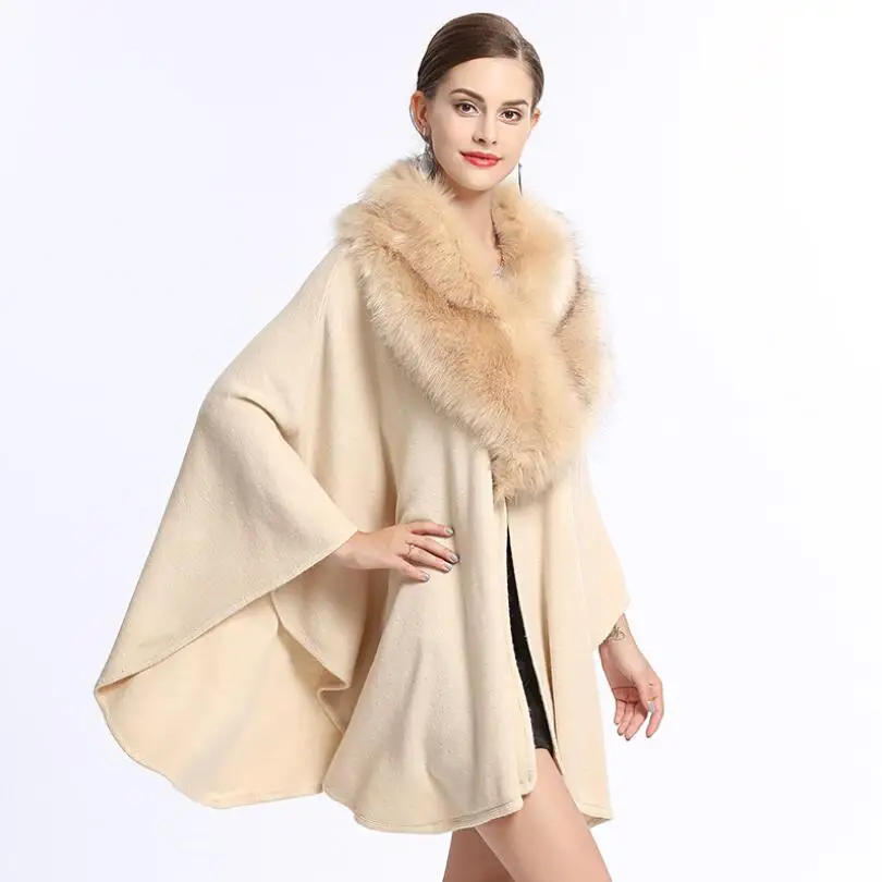 

Europe Style 2019 autumn winter Faux Fox Fur Large Fur Collar Loose Large Size Knitted Cape Cloak fashion women warm coat w685