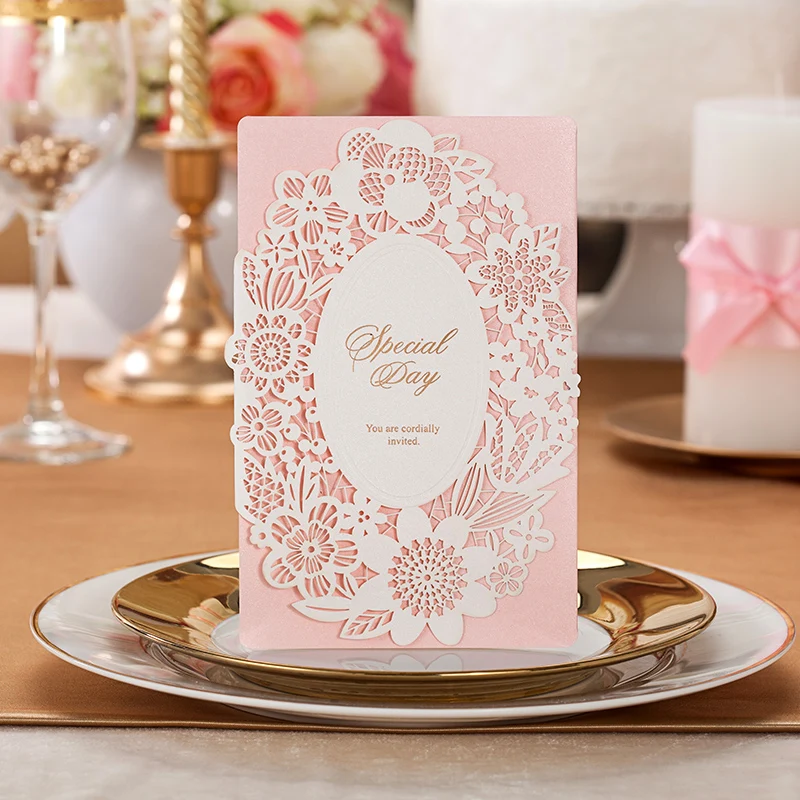 Лазерная Резка Розовый Цвет Цветочный дизайн Свадебные Приглашения Карты с