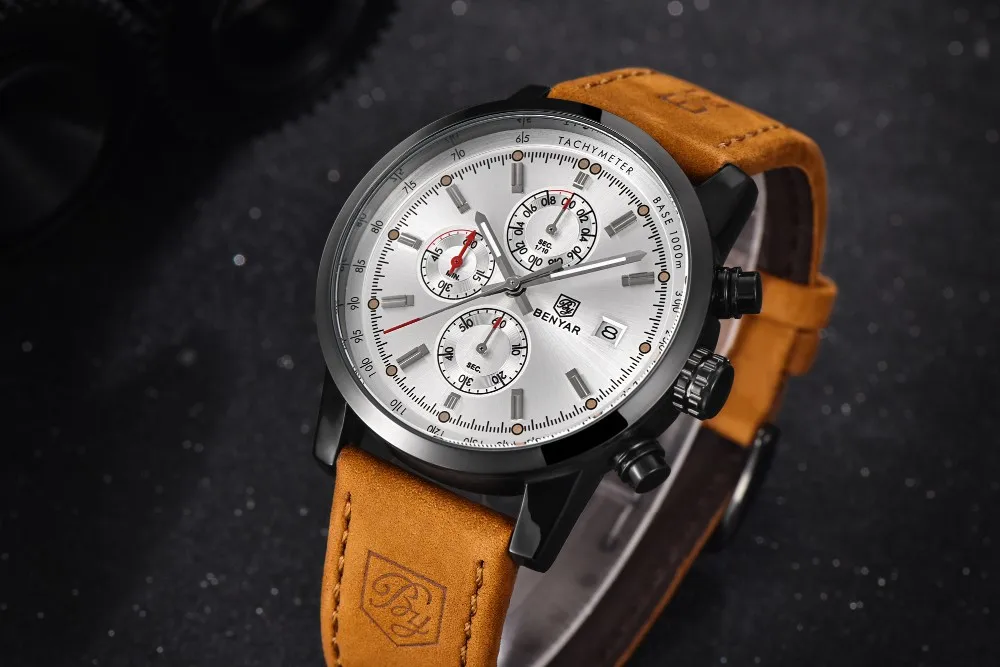 Мужские часы Reloj Hombre бренд BENYAR спортивные водонепроницаемые кварцевые часы с кожаным хронографом мужские часы Relogio Masculino BY-5102M