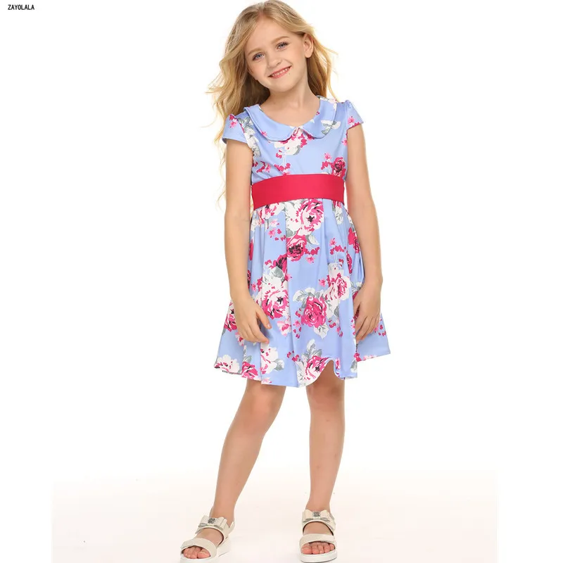 Children Flower Dresses For Girls Summer Kids Clothes Short Sleeve Belt Printed Princess Dress 3 4 5 6 7 8 Years | Детская одежда и