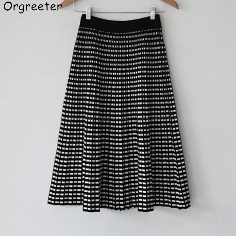 

2019 Winter Autumn Women Knitted Long Midi Skirts High Waist Plaid Women Thick Saia Faldas Female A-Line Skirt